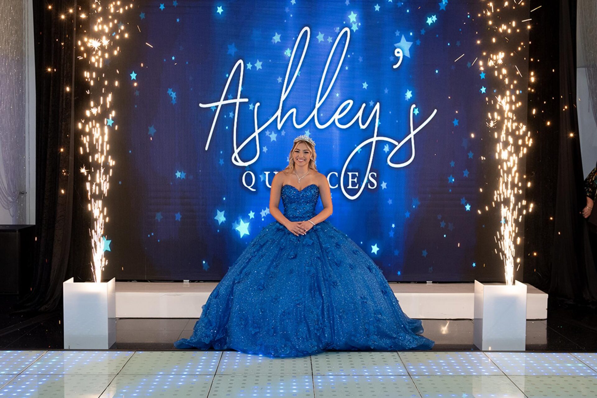 Cold sparks and LED screen at a quinceañera at Aqua Reception Hall